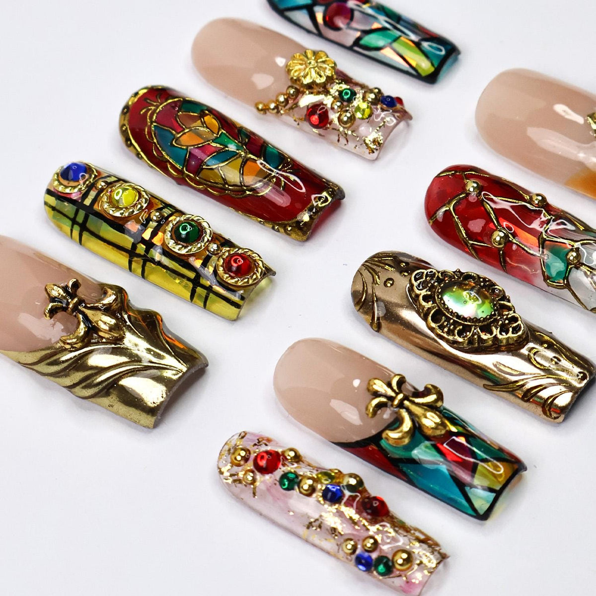 Baroque Stained Glass Press-On Nails with Gold Relief and Multicolored Rhinestones