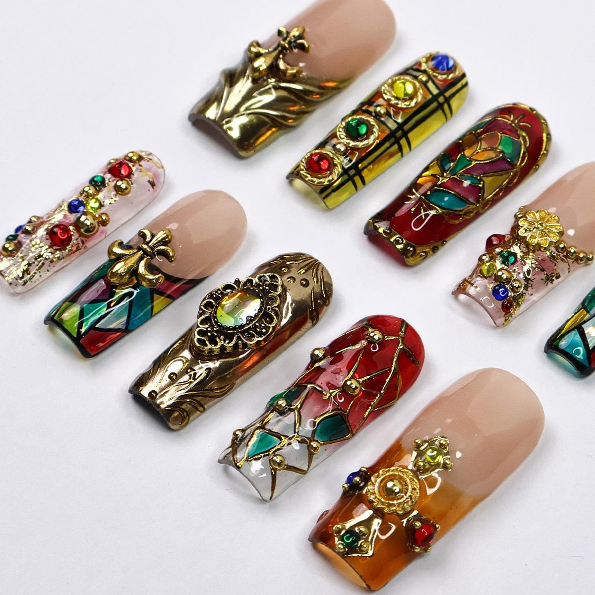 Baroque Stained Glass Press-On Nails with Gold Relief and Multicolored Rhinestones