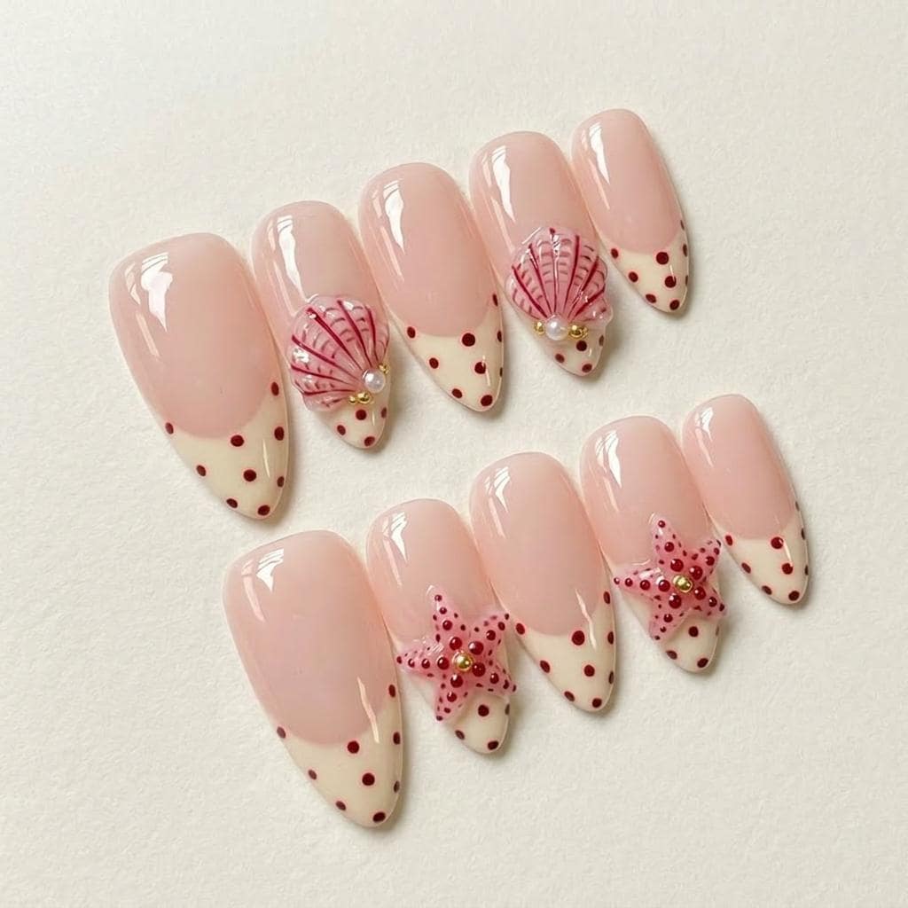 Beach Summer French Tip Nails With Burgundy Dots, Shells, Pearls & Starfish