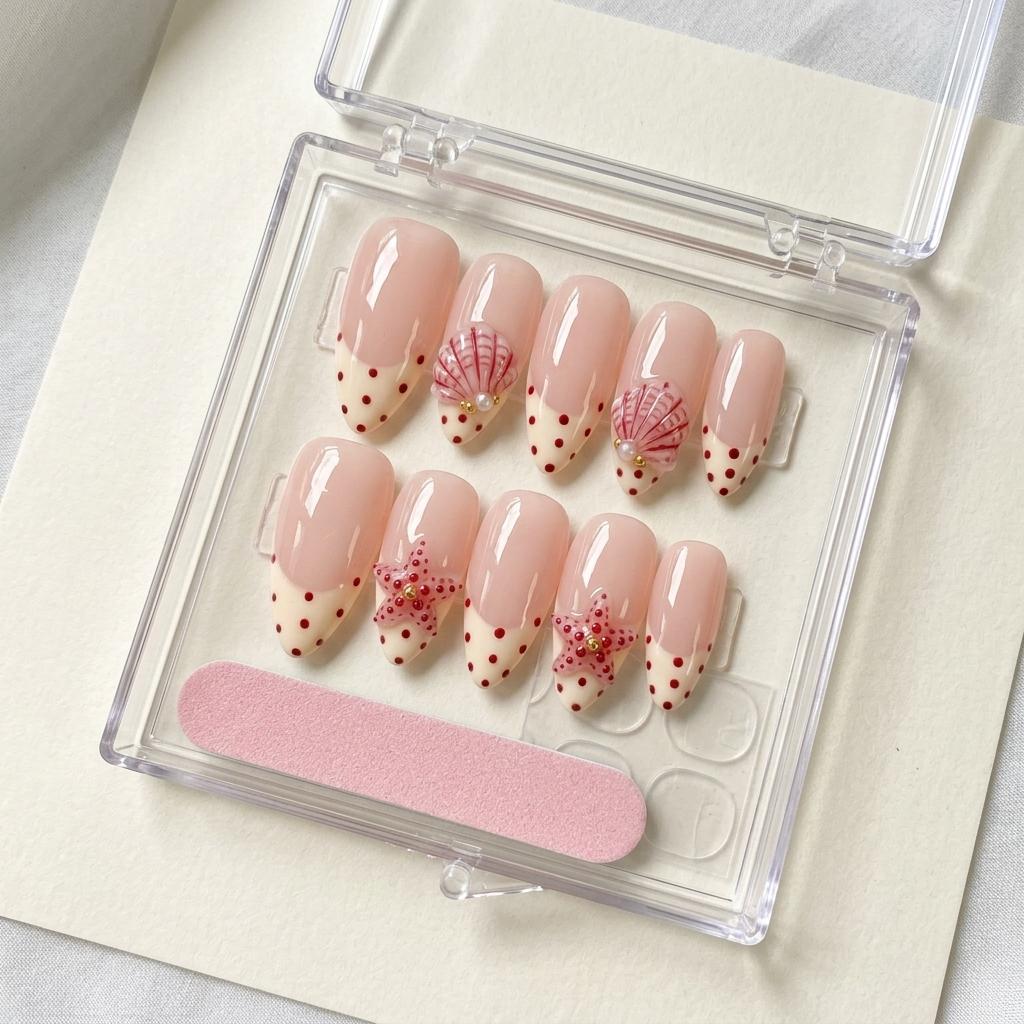 Beach Summer French Tip Nails With Burgundy Dots, Shells, Pearls & Starfish