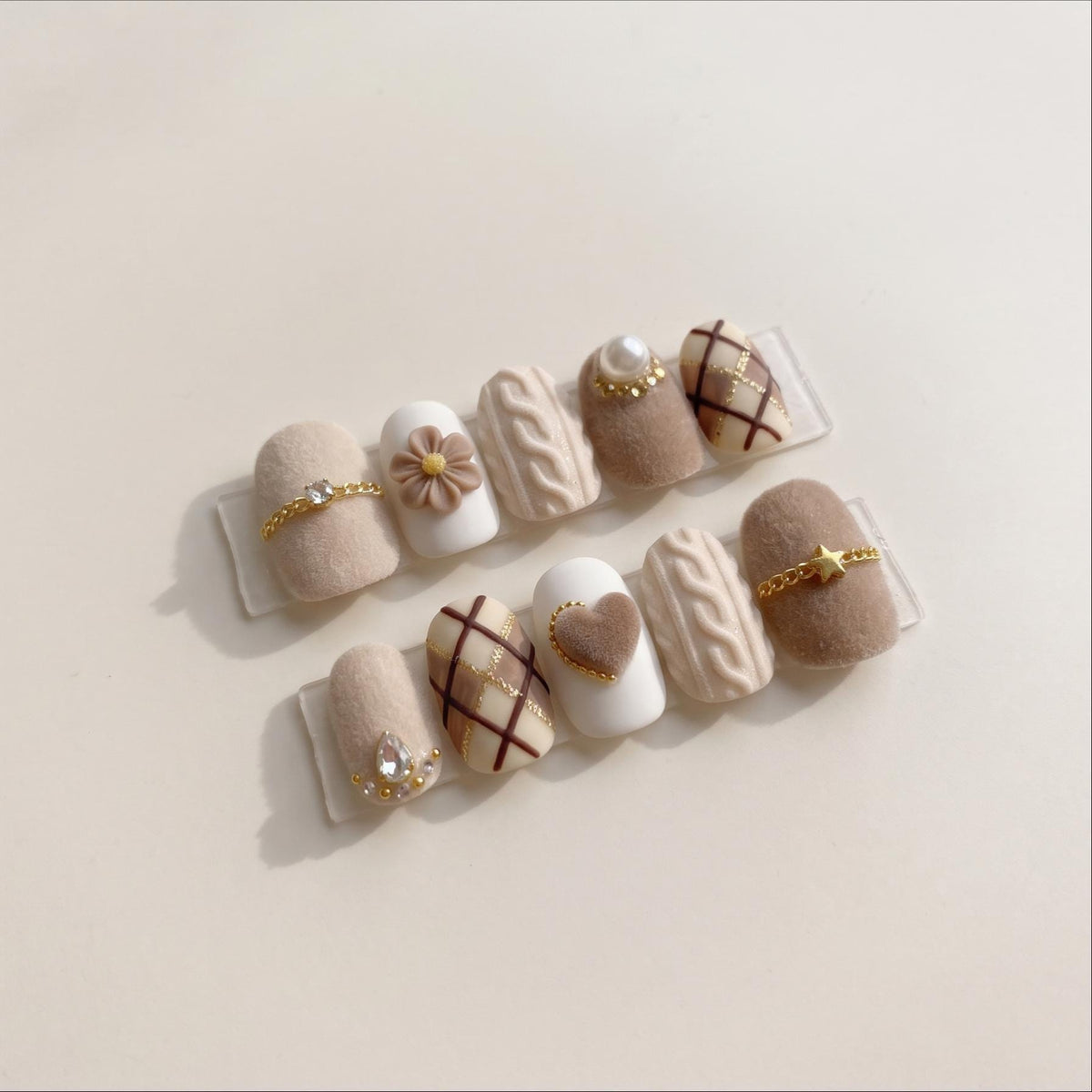 Beige Cable Knit and Plaid Heart Press On Nail Set with Gold Details