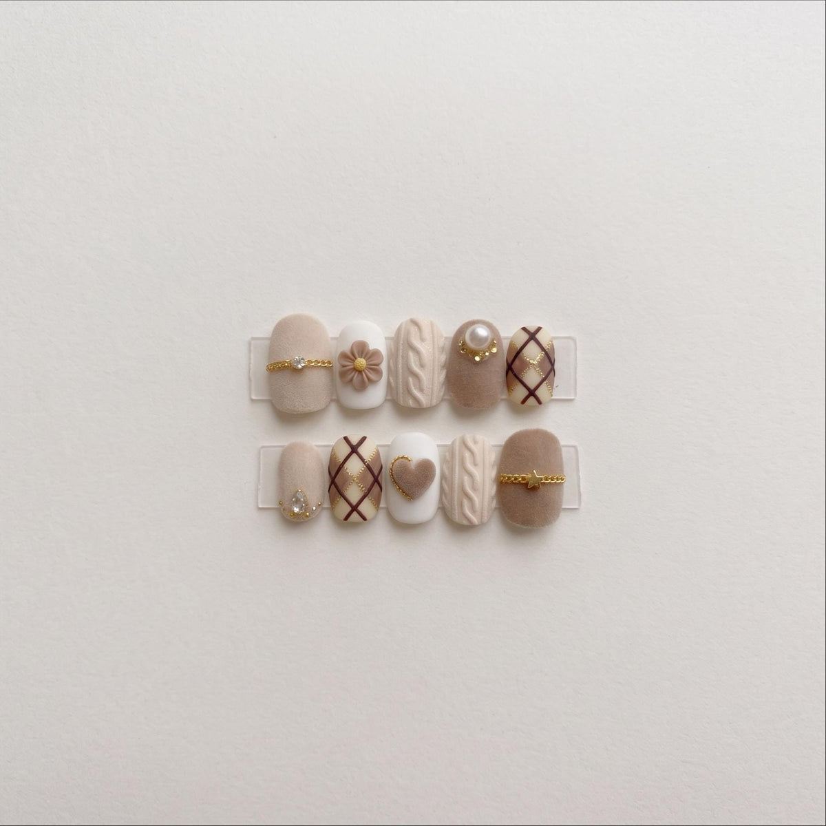 Beige Cable Knit and Plaid Heart Press On Nail Set with Gold Details