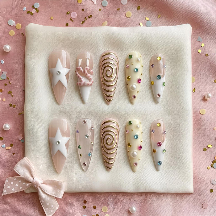 Birthday Blush and Ivory Star Press On Nails with Gold Swirls, a 3D Bow and Colorful Gems