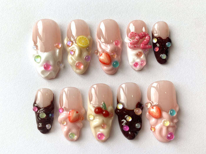 Birthday Fruit Press On Nails With Citrus, Cherries and Colorful Accents