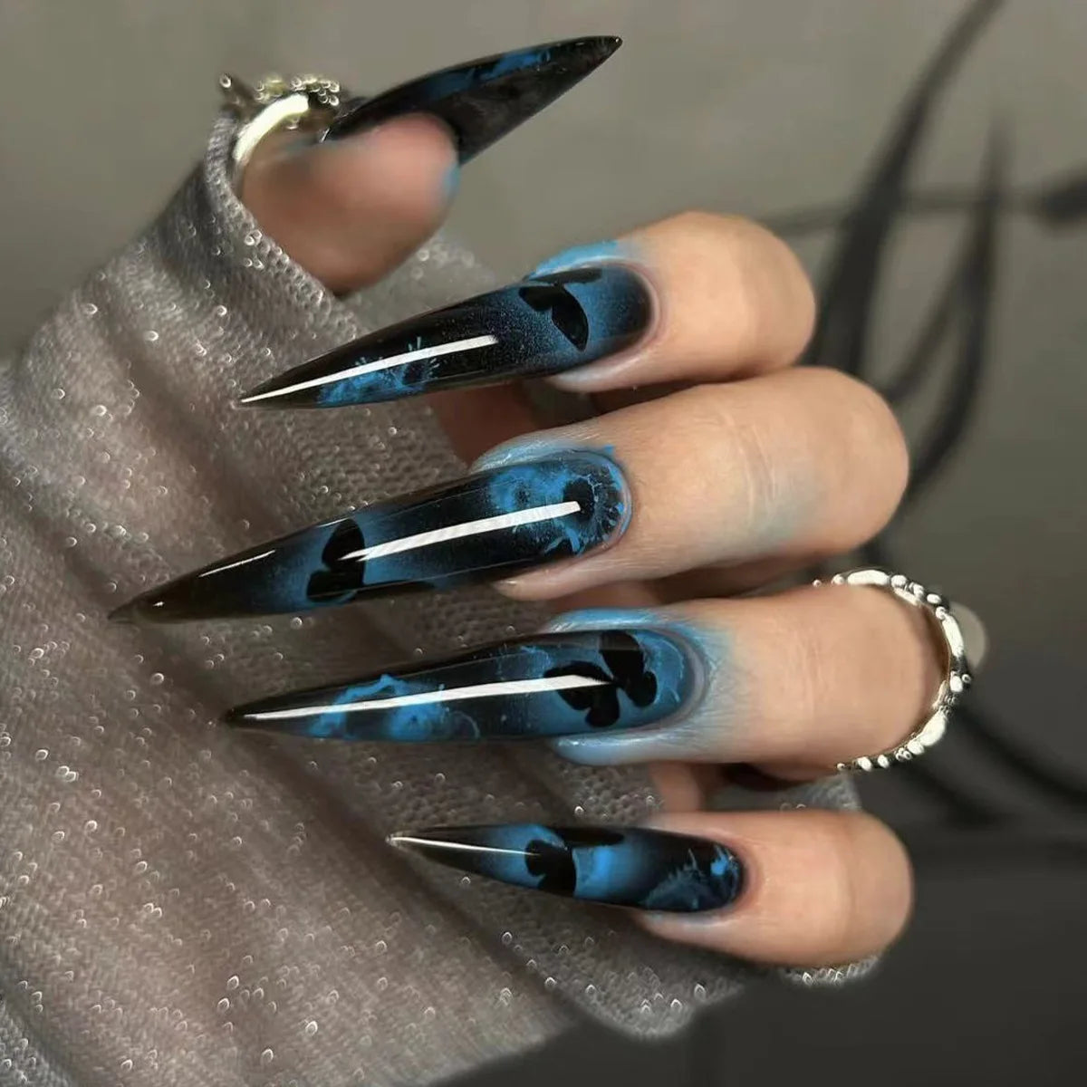 Black and Blue Marble Heart Press On Nails