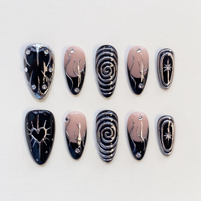 Black and Blush Gothic Press On Nails with Silver Chrome Swirls, Hearts, Stars, and Rhinestones