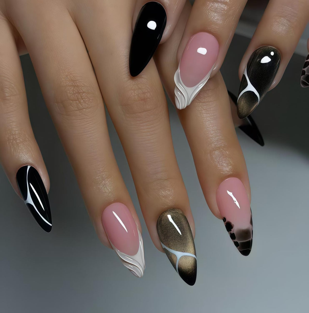 Black and Blush Pink Abstract Press-On Nails with Bronze-Gray Cat-Eye Accents