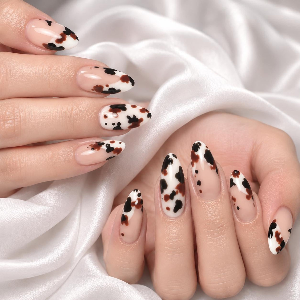 Black and Brown Cow Print Press On Nails with Sheer Nude-Pink Bases