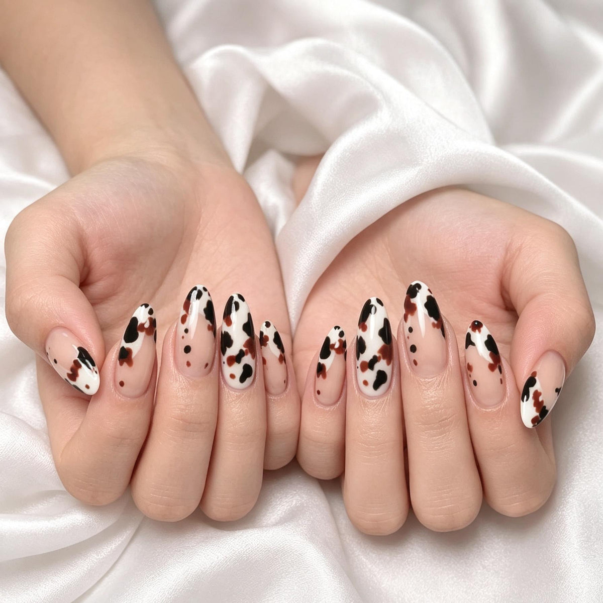 Black and Brown Cow Print Press On Nails with Sheer Nude-Pink Bases