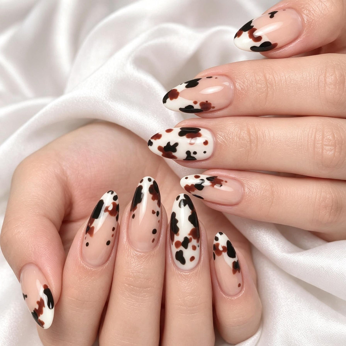 Black and Brown Cow Print Press On Nails with Sheer Nude-Pink Bases