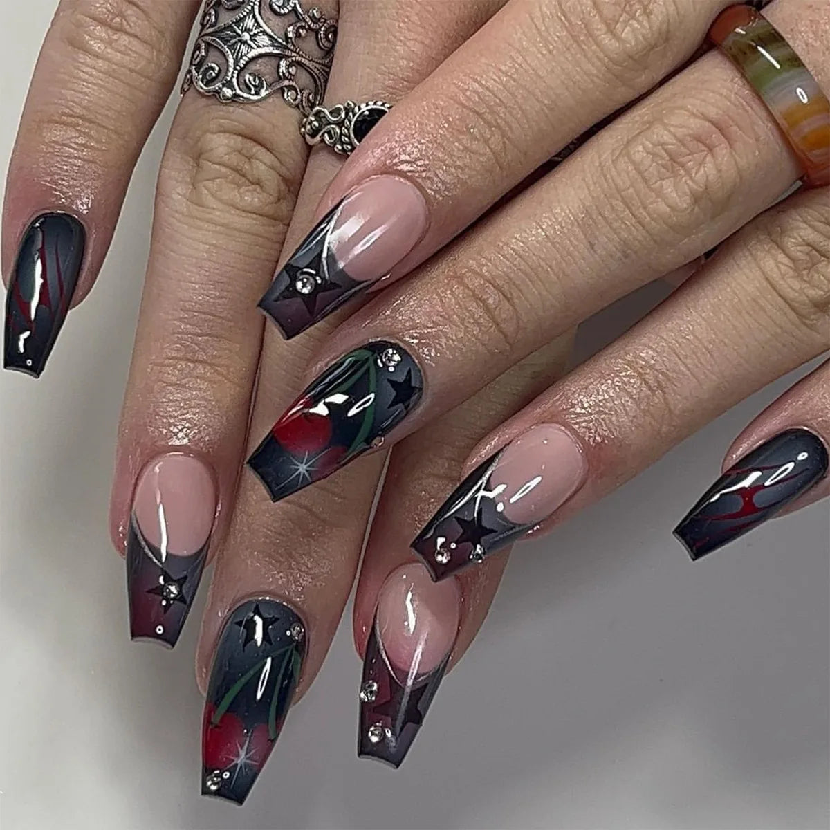 Black and Burgundy French Tip Cherry Aura Starburst Press On Nails