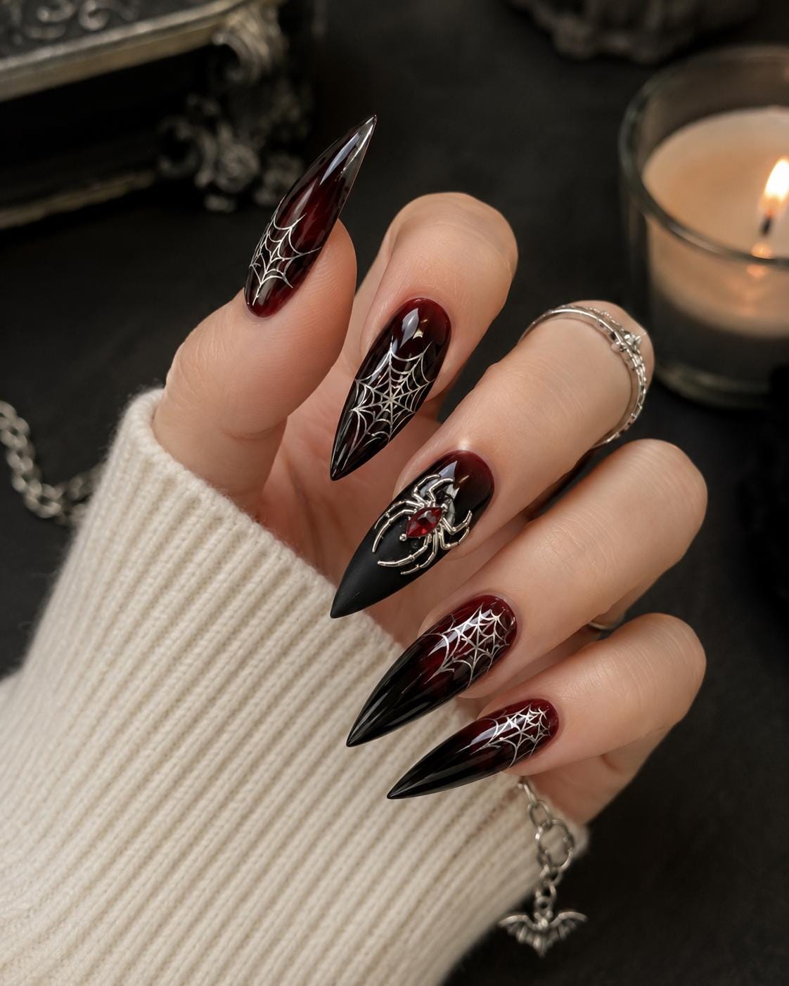 Black and Burgundy Halloween Spiderweb Press On Nails with Raised Spider Accent