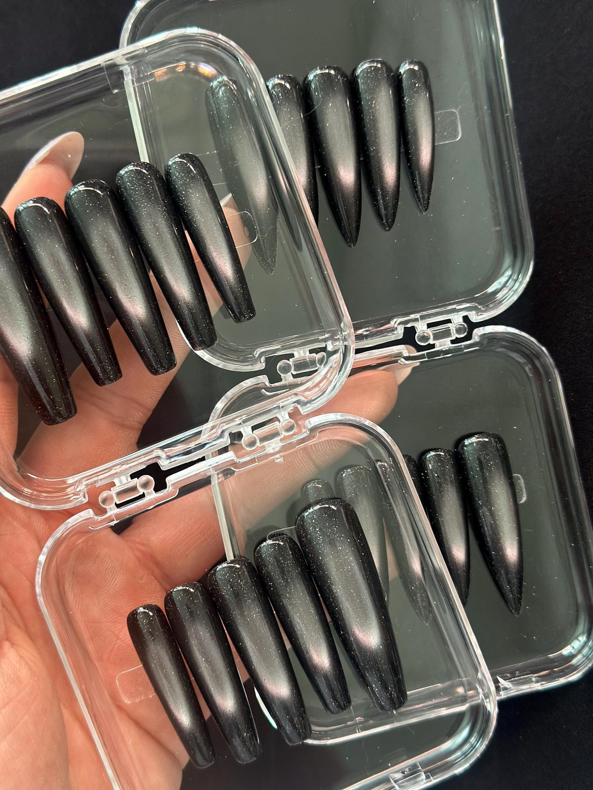 Black and Charcoal Cat Eye Glitter Press On Nails