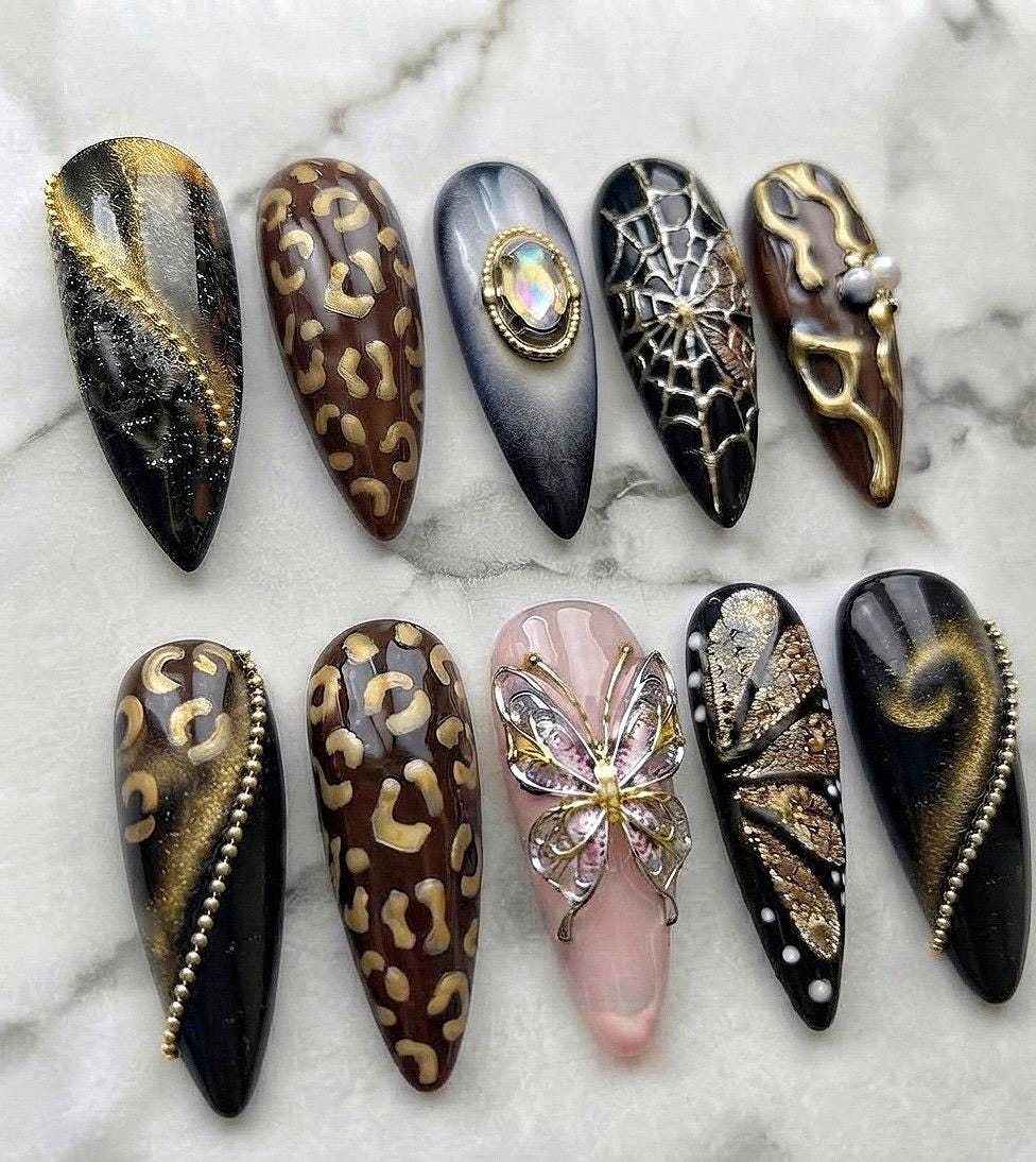 Black and Gold Cat-Eye Leopard Press-On Nail Set with Spiderweb and Jeweled Butterfly