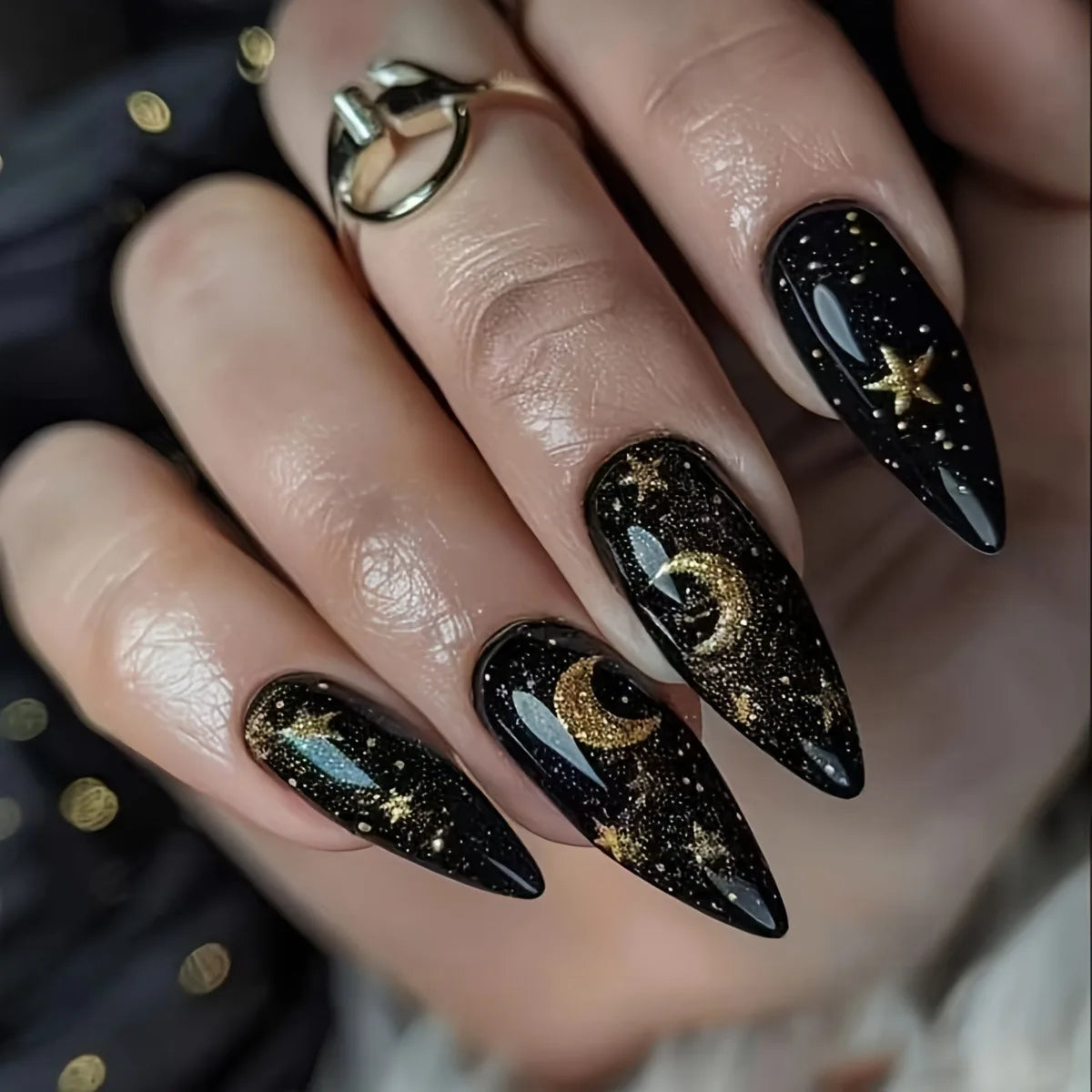 Black and Gold Celestial Glitter Press On Nails