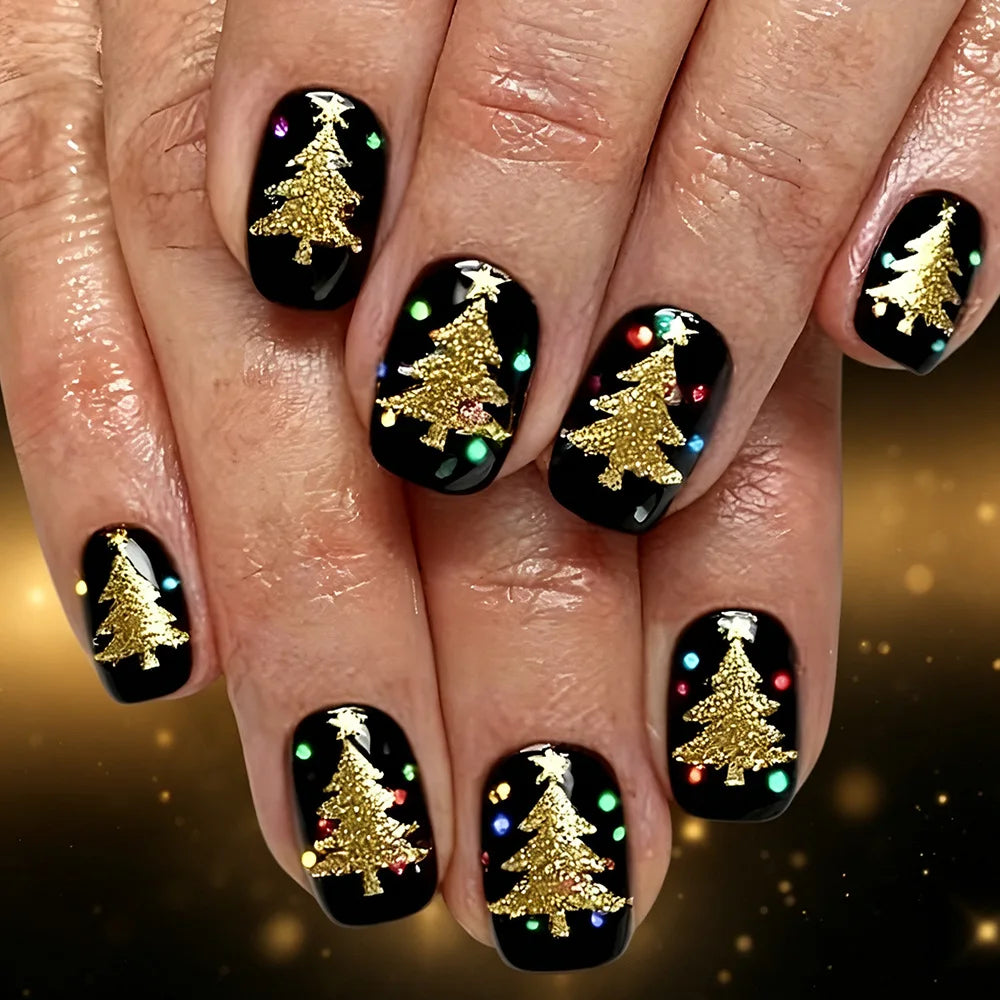 Black and Gold Glitter Christmas Tree Press On Nails