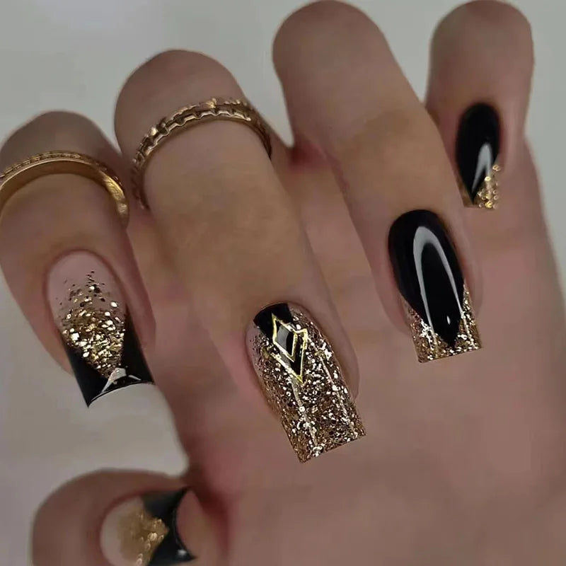 Black and Gold Glitter Color-Block Press-On Nails