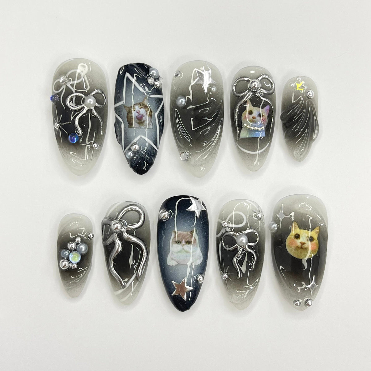 Black and Gray Cat Aura Nails with Celestial Linework, Silver Bows and Rhinestones