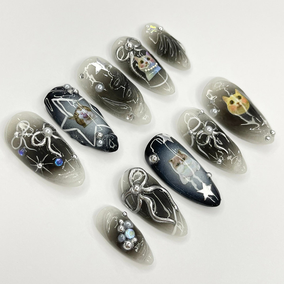 Black and Gray Cat Aura Nails with Celestial Linework, Silver Bows and Rhinestones