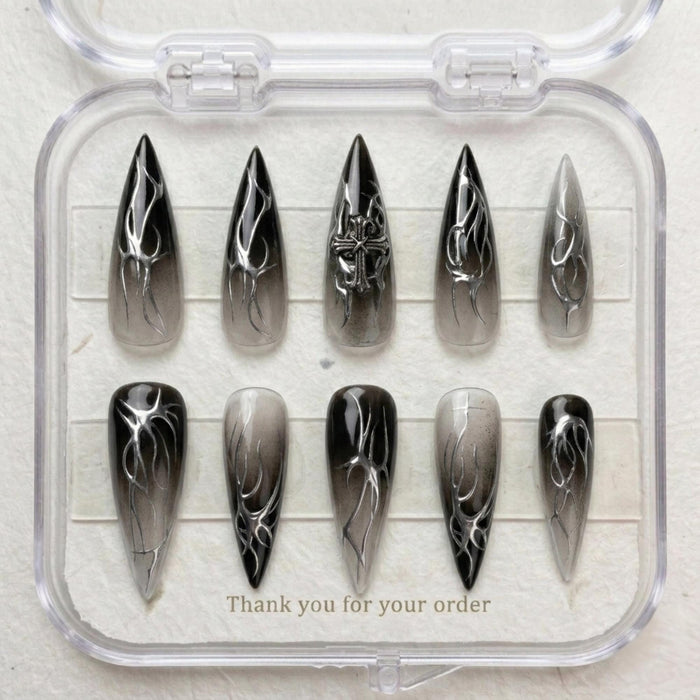 Black and Gray Smoky Ombre Chrome Cross Press On Nail Set