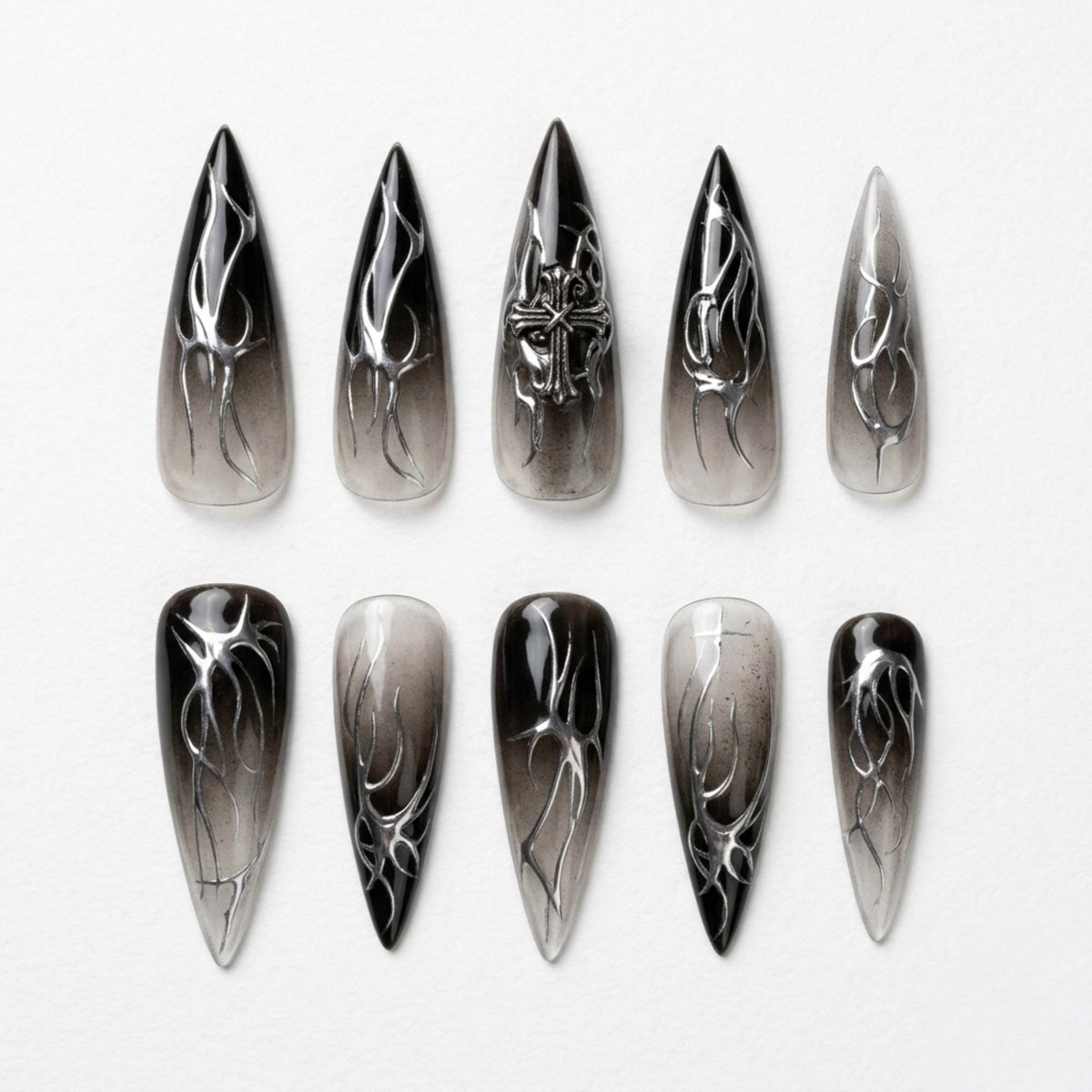 Black and Gray Smoky Ombre Chrome Cross Nail Set