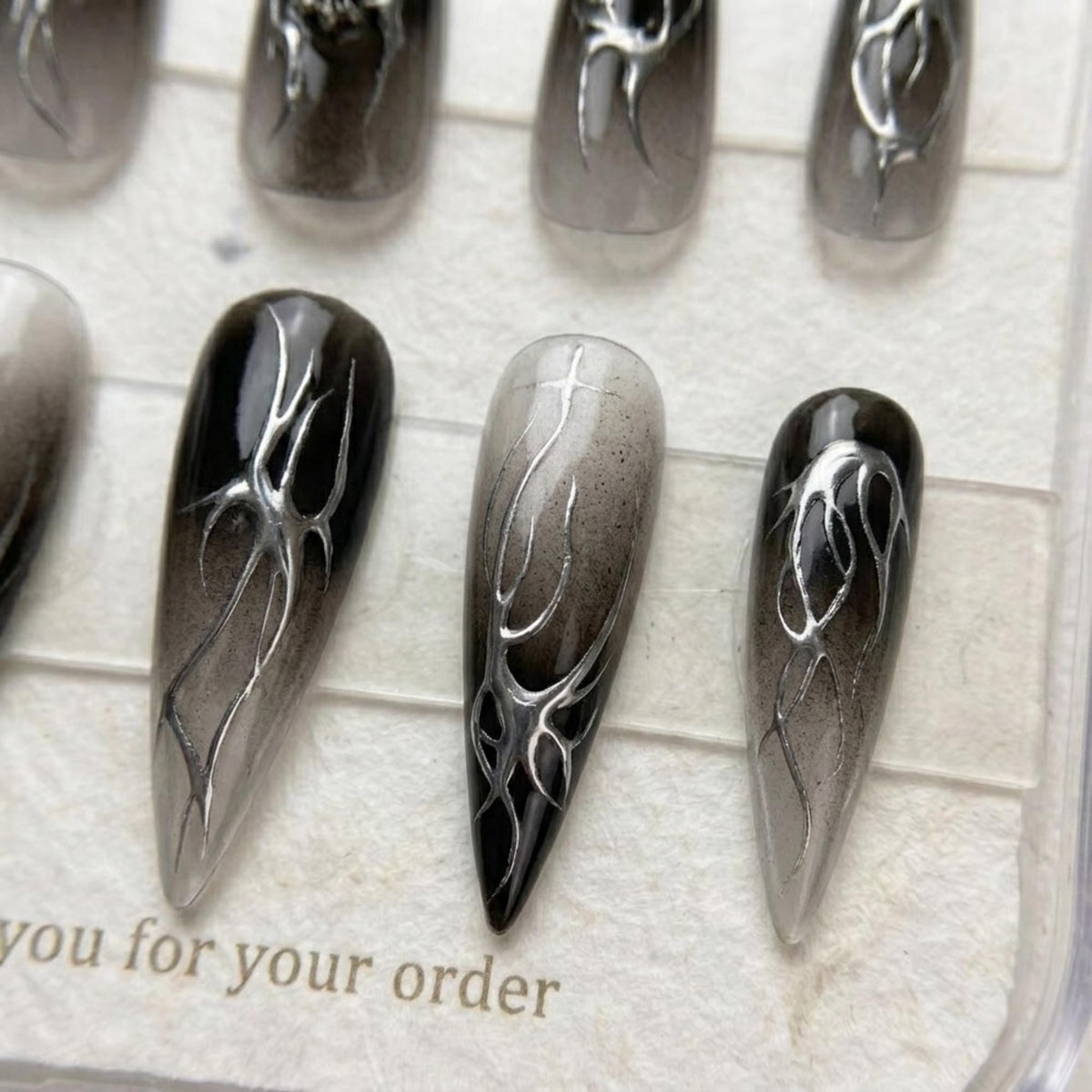 Black and Gray Smoky Ombre Chrome Cross Nail Set