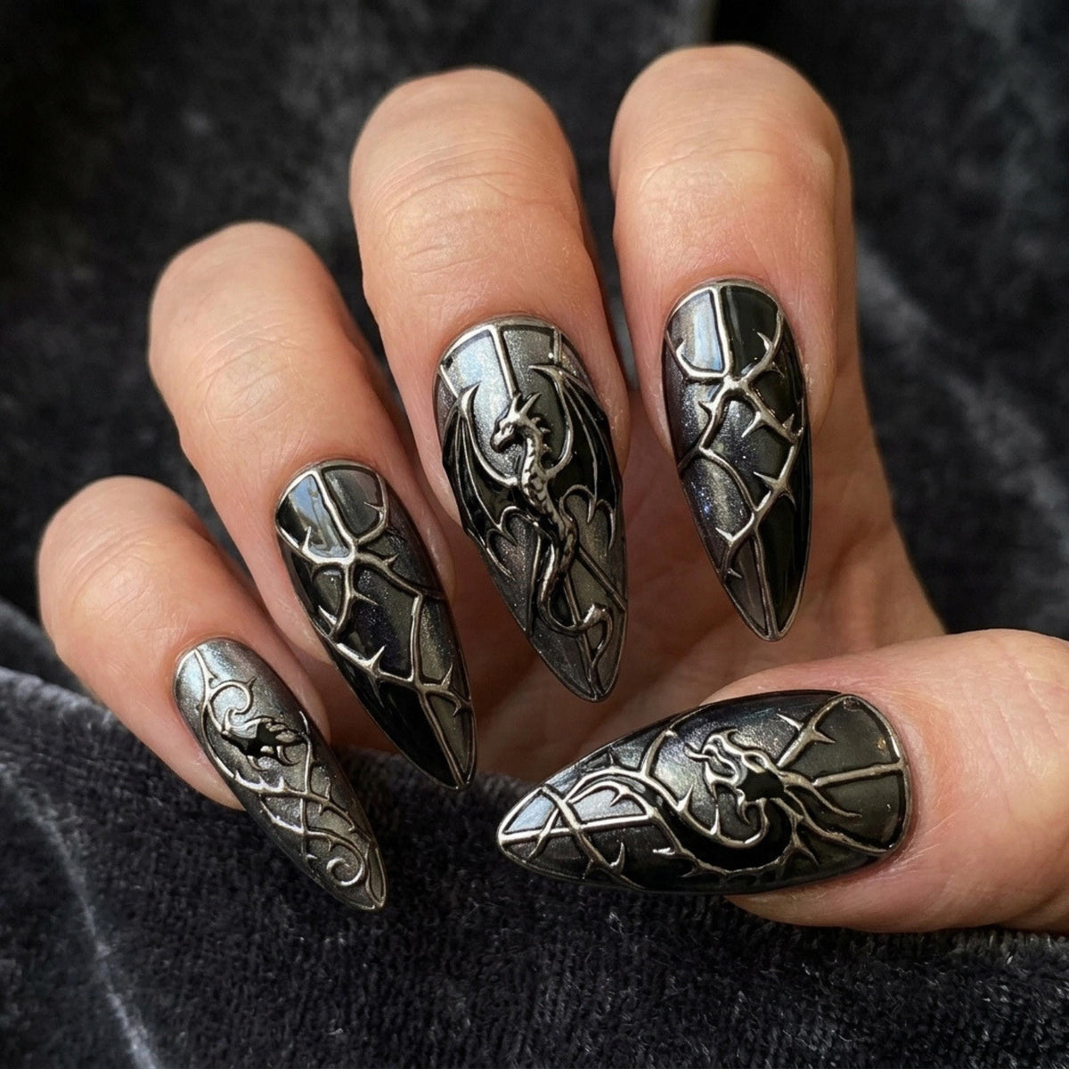 Black and Gunmetal Dragon Press On Nails with Raised Medieval Shield Details