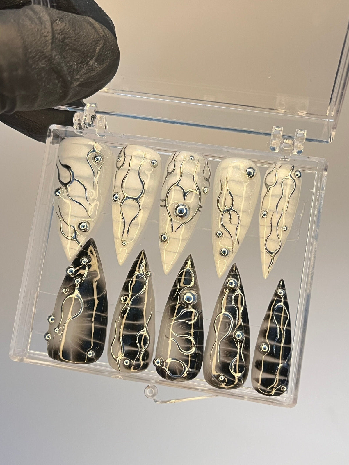 Black and Ivory Gothic Nails With 3D Silver Lines and Studs