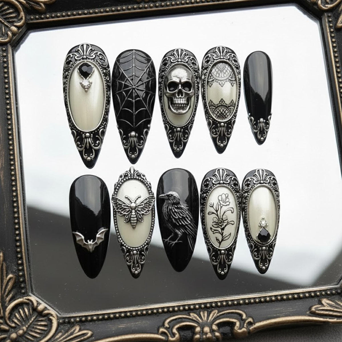 Black and Ivory Gothic Skull, Raven, Spiderweb and Floral Nail Set