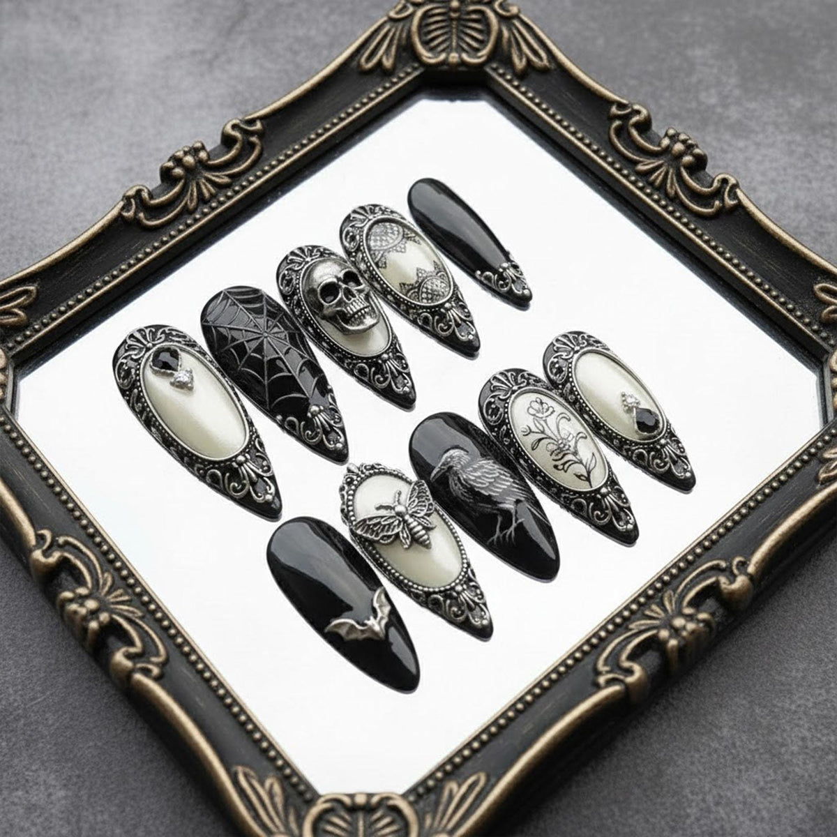 Black and Ivory Gothic Skull, Raven, Spiderweb and Floral Nail Set