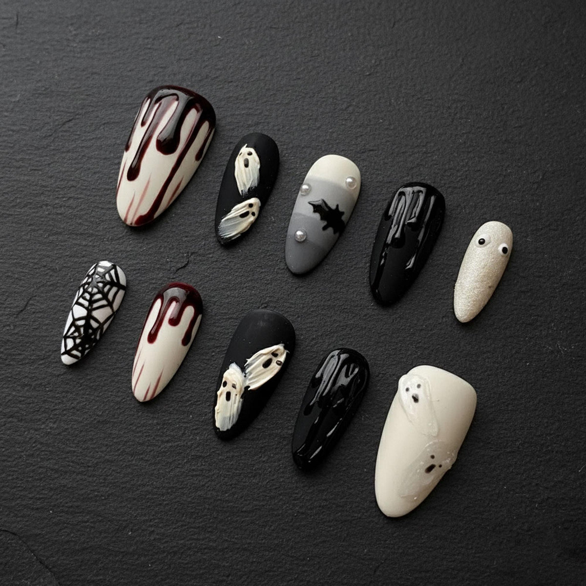 Black and Ivory Halloween Press On Nails with Blood Drips, Ghosts, Bat and Spiderweb