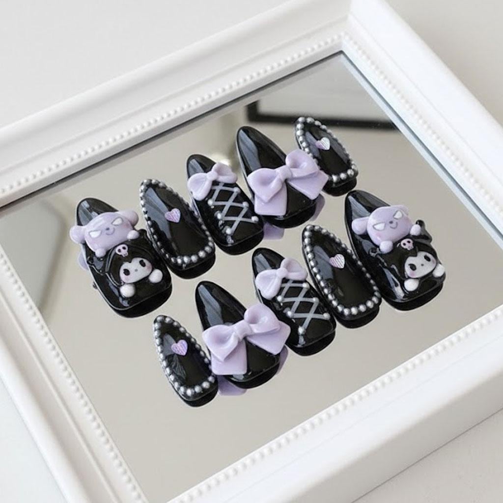 Black and Lavender Gothic Bunny and Skull Nails with Bows and Pearl-Like Details