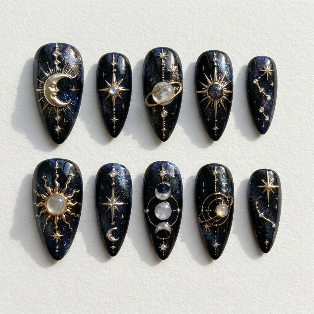 Black and Navy Celestial Galaxy Nails with Raised Gold Sun, Moon and Star Details