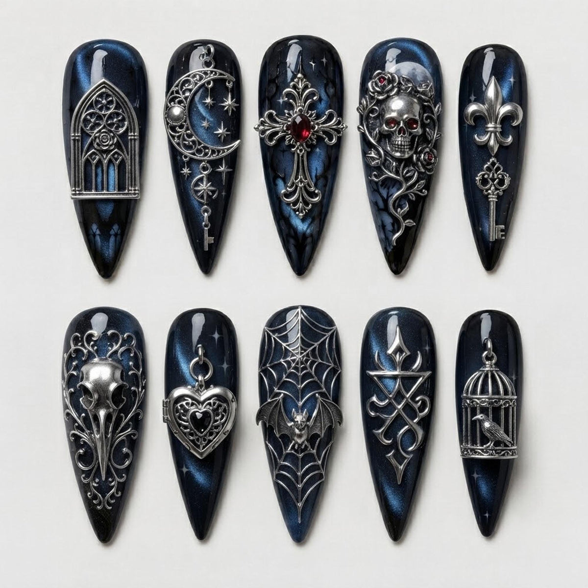 Black and Navy Gothic Marble Press On Nails with Ornate Silver Charms