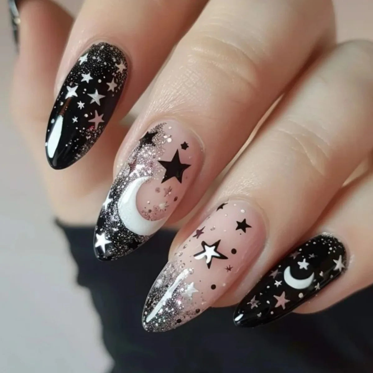 Black and Nude Celestial Star and Moon Glitter Press On Nails
