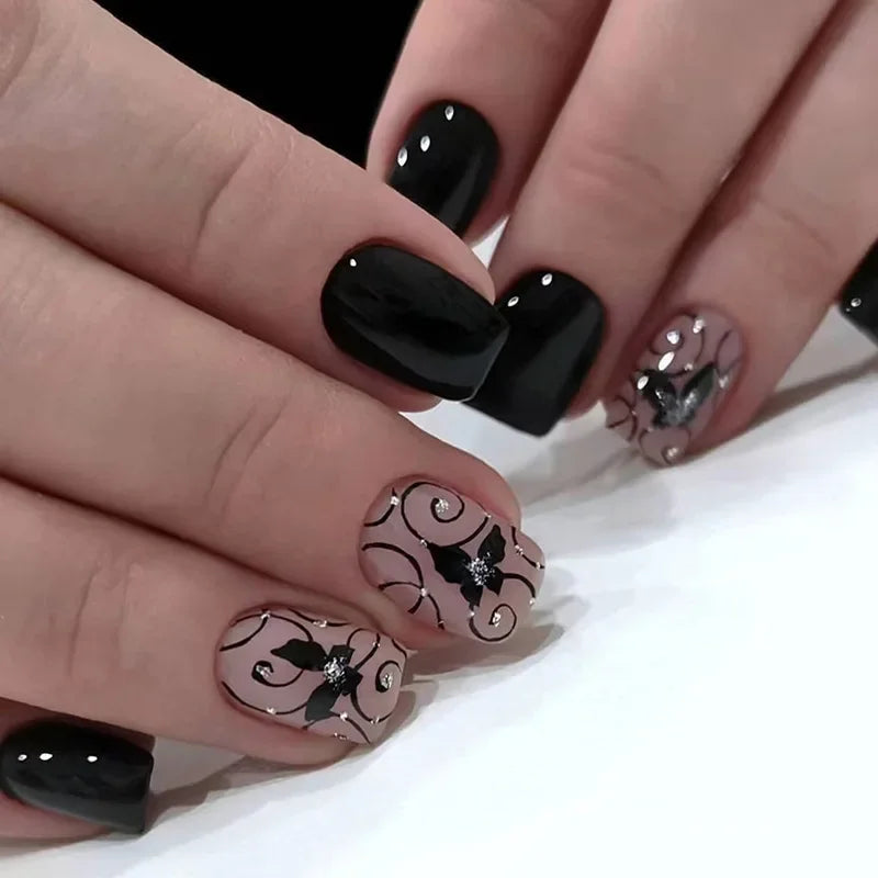 Black and Nude Floral Scrollwork Press-On Nail Set