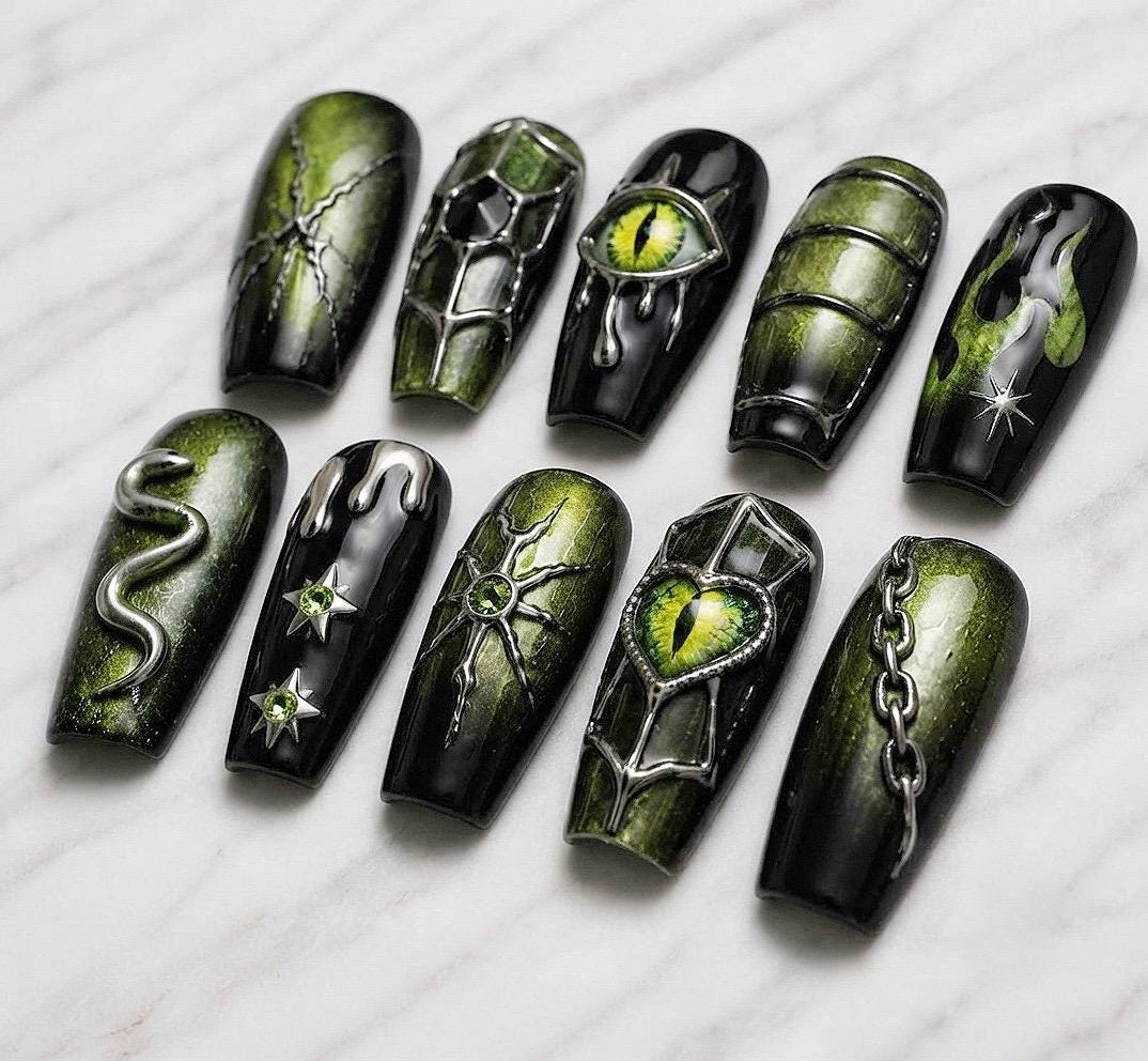 Black and Olive Green Gothic Eye Nails with Snake, Webbing, Chains, and Flames for Halloween