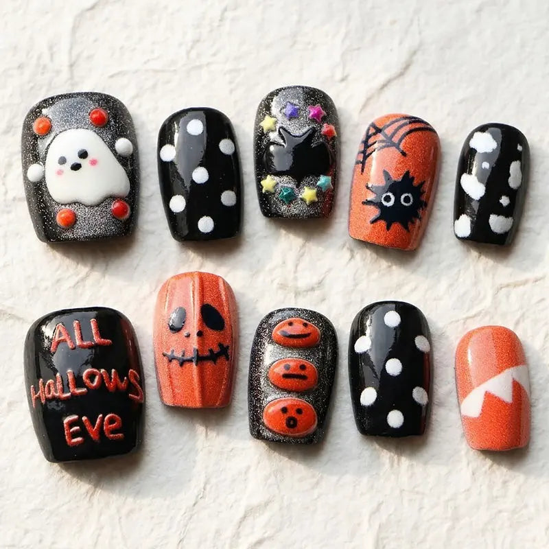 Black and Orange Halloween Press On Nails with Ghosts and Pumpkins