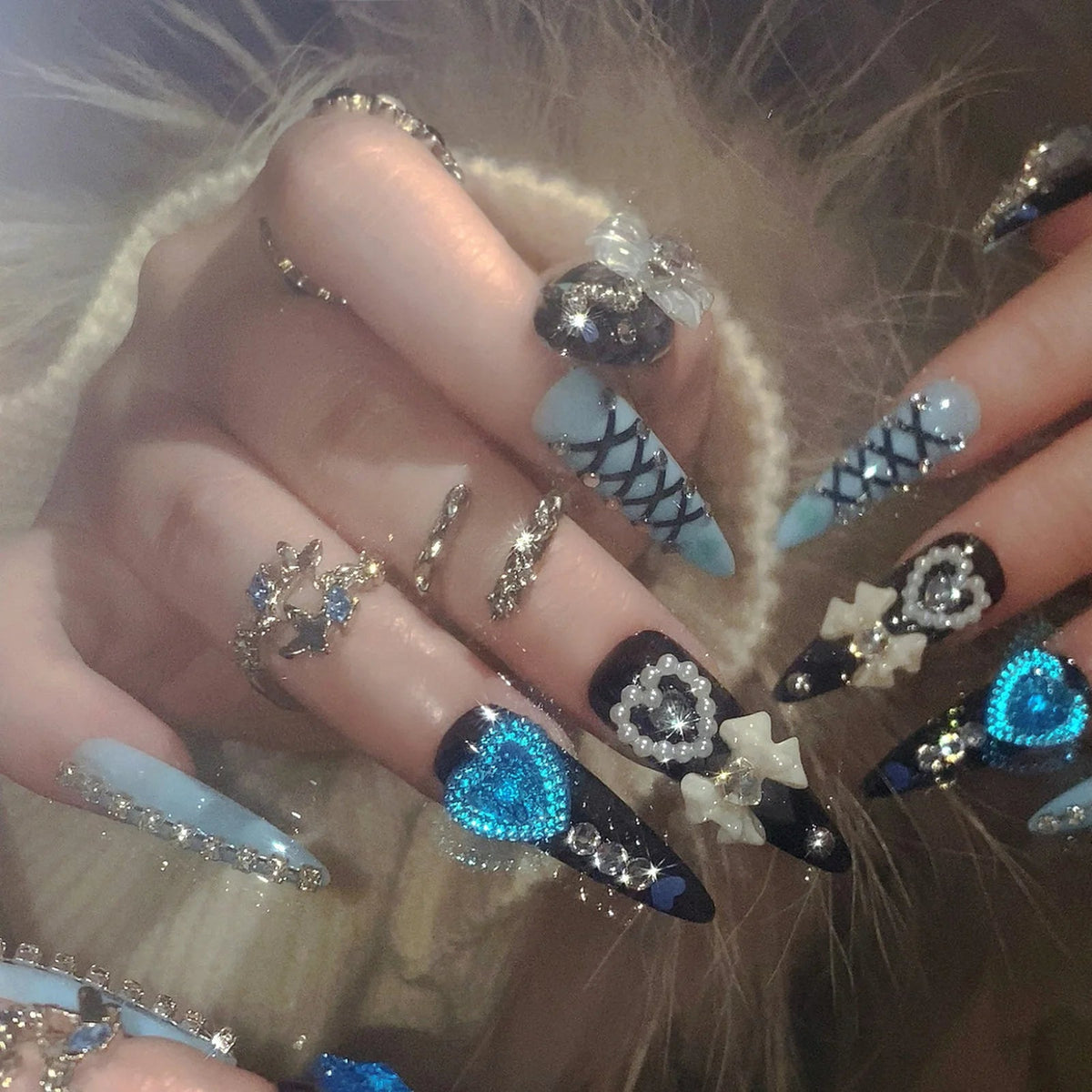 Black and Pale Blue Bow, Pearl and Heart Nail Set