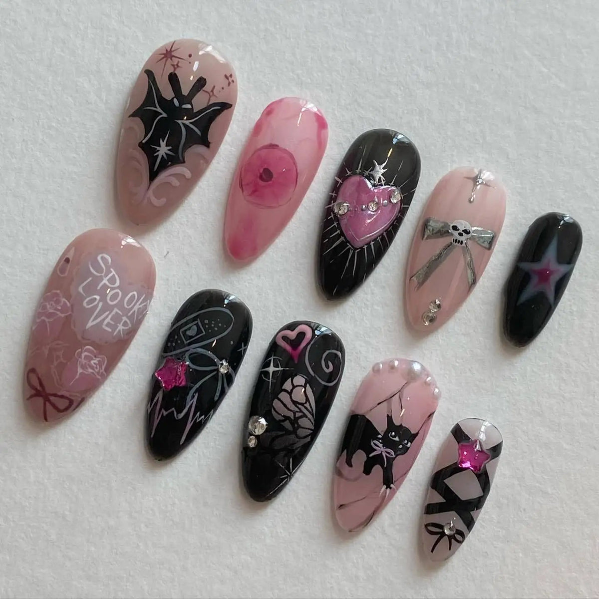 Black and Pink Bow, Heart, and Rhinestone Press On Nails