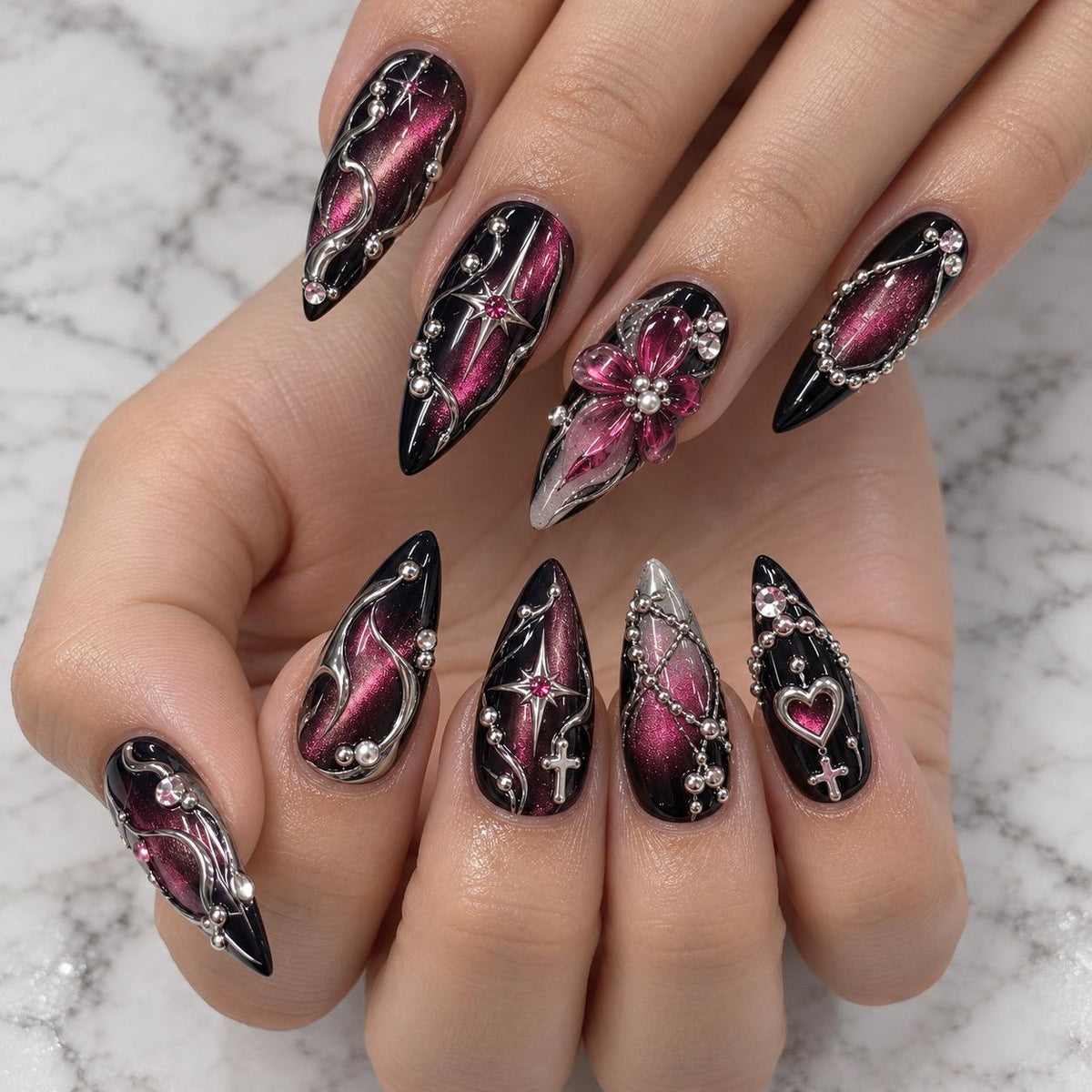 Black and Pink Gothic Y2K Cat Eye Nails with Silver Crosses, Rhinestones and 3D Flower