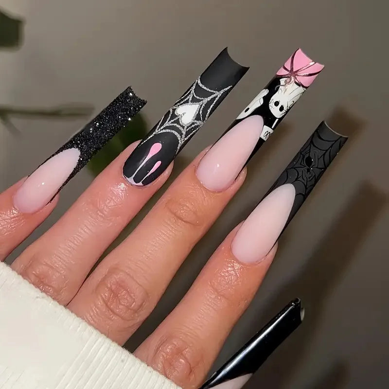 Black and Pink Halloween Nails with Silver Webs, Glitter and Skull Details