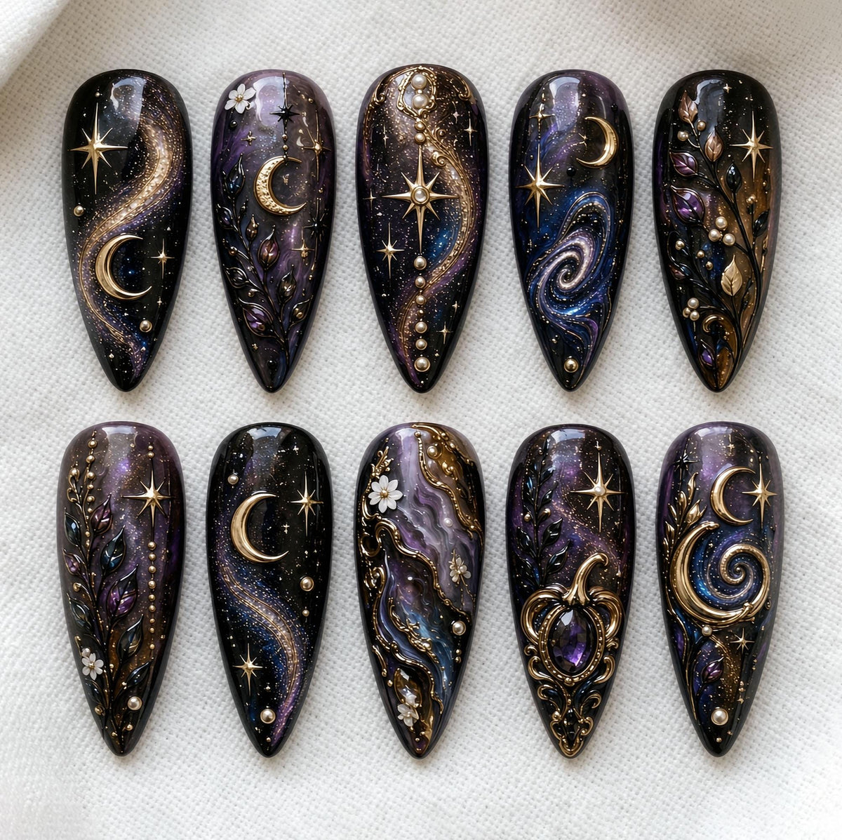 Black and Purple Celestial Galaxy Nails with Gold Moons, Stars and Floral Details