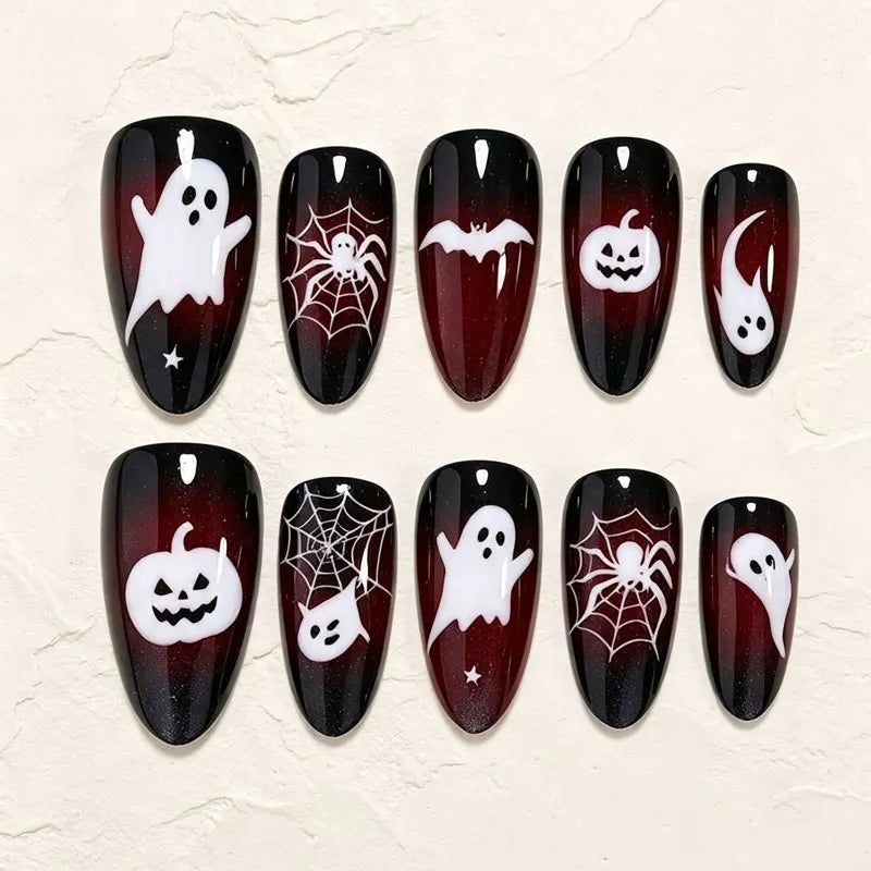 Black and Red Cat Eye Halloween Nails With Ghosts, Bats and Spiderwebs
