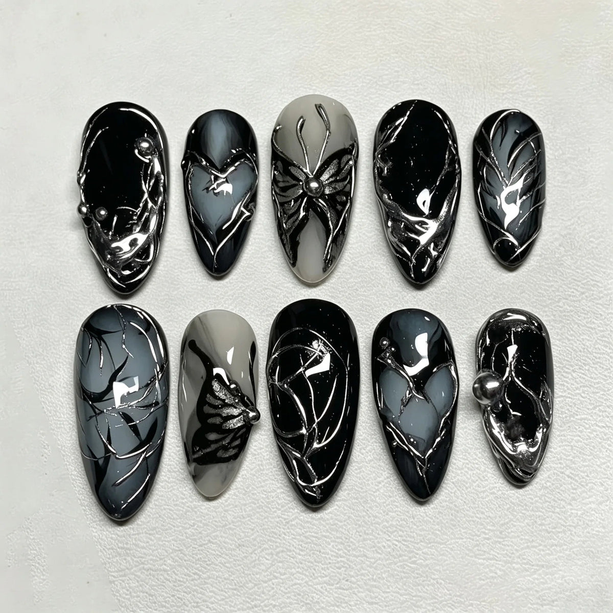 Black and Silver Chrome Butterfly Marble Nail Set