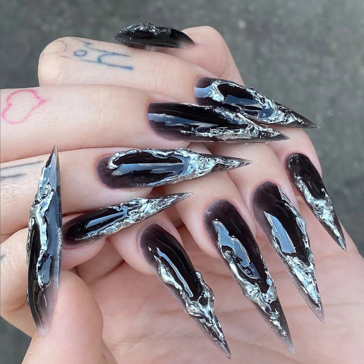 Black and Silver Chrome Flame Stiletto Press On Nails