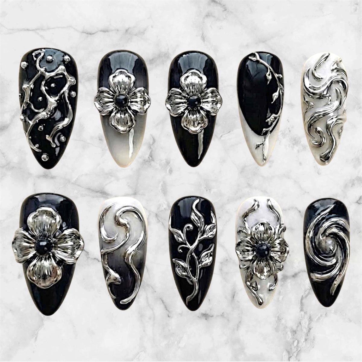 Black and Silver Chrome Nails With Sculpted Flowers and Baroque Scrollwork