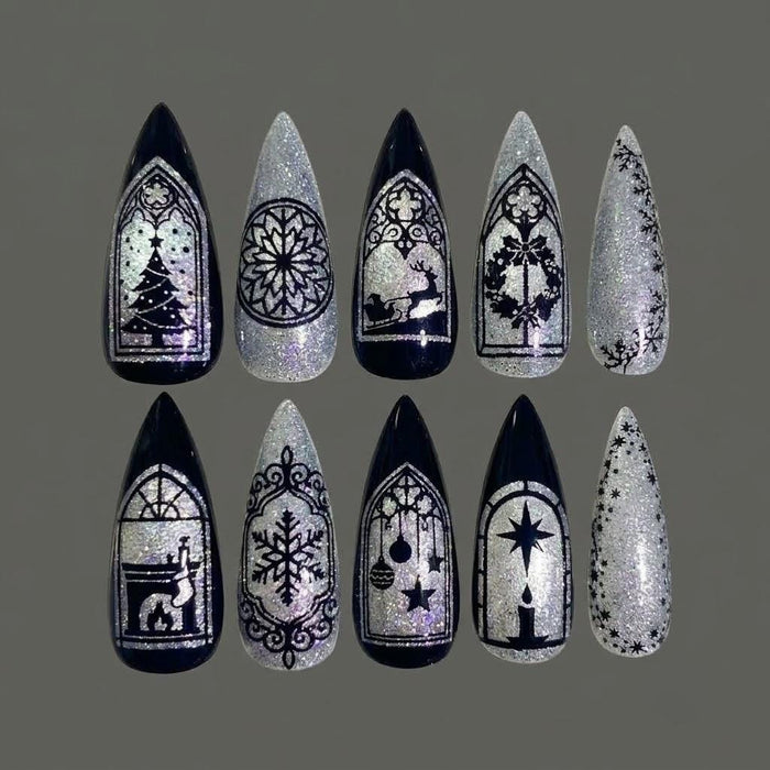 Black and Silver Glitter Stained Glass Christmas Press On Nail Set