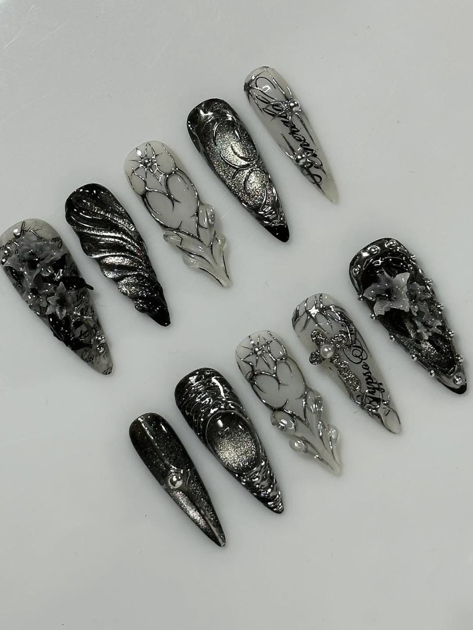 Black and Silver Gothic Chrome Web Nail Set with Sculpted Details