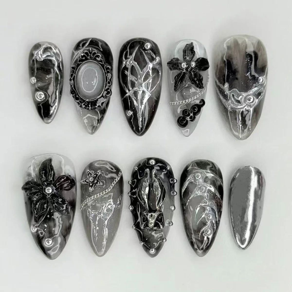 Black and Silver Gothic Marbled Press-On Nails with Raised Floral Details